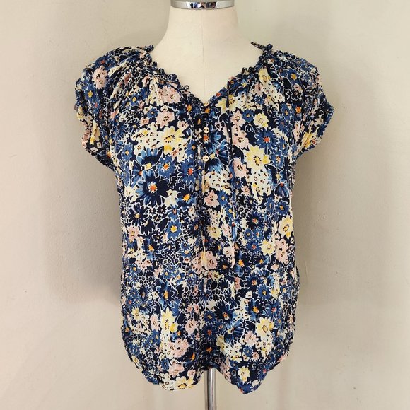 LOFT Tops - LOFT Petites Blue Floral Blouse 1/2 Buttons Women's Size Lp